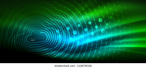 Onda brilhante de néon, energia mágica e fundo de movimento de luz. Modelo de papel de parede vetor, conceito futuro hi-tech