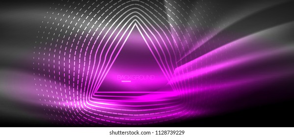 Neon glowing wave, magic energy and light motion background. Vector wallpaper template, hi-tech future concept