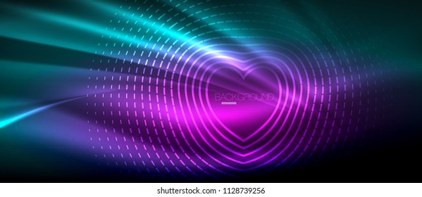 Neon glowing wave, magic energy and light motion background. Vector wallpaper template, hi-tech future concept