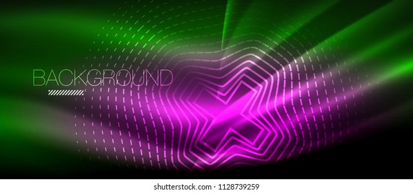 Neon glowing wave, magic energy and light motion background. Vector wallpaper template, hi-tech future concept