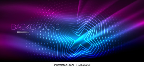 Neonleuchtende Welle, magische Energie und heller Hintergrund. Vektorhintergrund-Vorlage, High-Tech-Zukunftskonzept