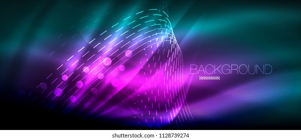 Neon glowing wave, magic energy and light motion background. Vector wallpaper template, hi-tech future concept