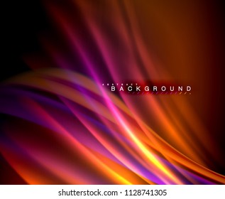 Neon glowing wave, magic energy and light motion background. Vector wallpaper template, illustration