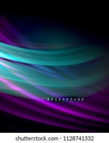 Neon glowing wave, magic energy and light motion background. Vector wallpaper template, illustration