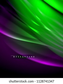 Neon glowing wave, magic energy and light motion background. Vector wallpaper template, illustration