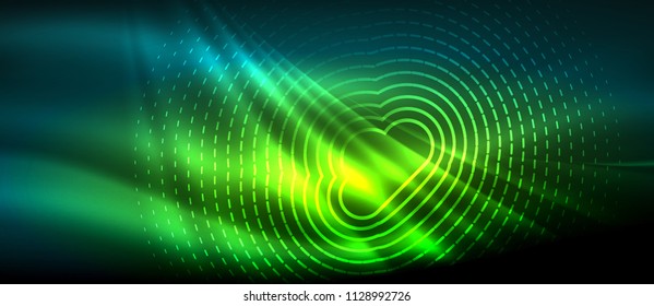 Neon glowing wave, magic energy and light motion background. Vector wallpaper template, hi-tech future concept