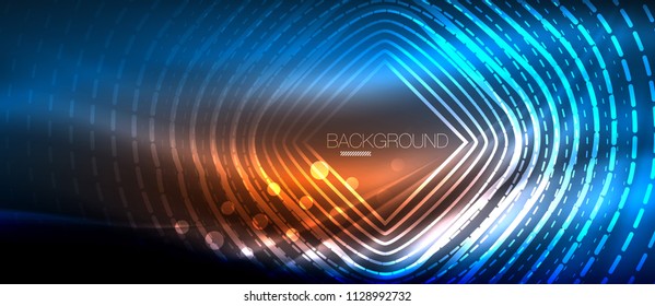 Neon glowing wave, magic energy and light motion background. Vector wallpaper template, hi-tech future concept