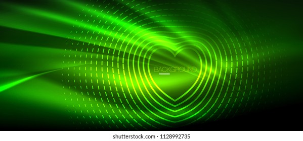 Neon glowing wave, magic energy and light motion background. Vector wallpaper template, hi-tech future concept