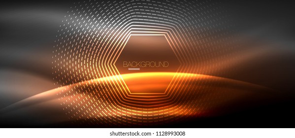 Neon glowing wave, magic energy and light motion background. Vector wallpaper template, hi-tech future concept