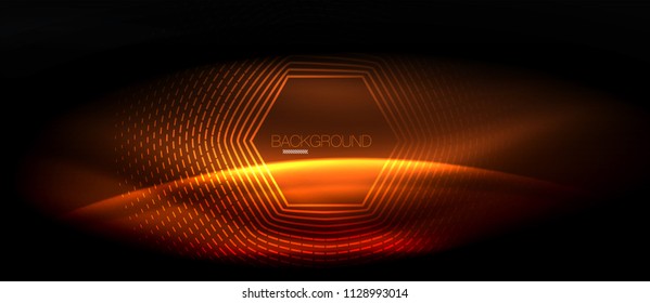 Onda brillante neón, energía mágica y fondo de movimiento de luz. Plantilla de papel tapiz vectorial, concepto de futuro de alta tecnología