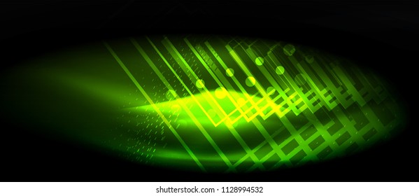 Neon glowing wave, magic energy and light motion background. Vector wallpaper template, hi-tech future concept