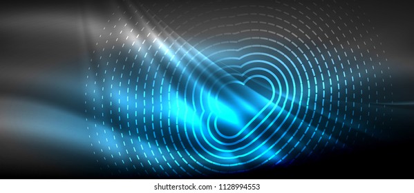 Neon glowing wave, magic energy and light motion background. Vector wallpaper template, hi-tech future concept