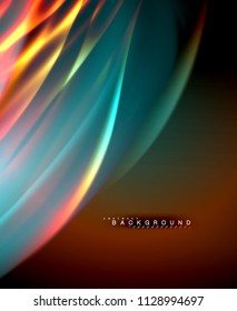 Neon glowing wave, magic energy and light motion background. Vector wallpaper template, illustration
