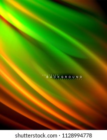 Neon glowing wave, magic energy and light motion background. Vector wallpaper template, illustration