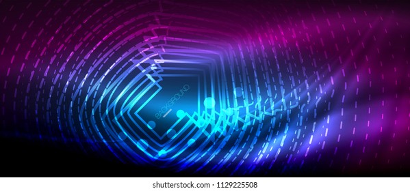 Neon glowing wave, magic energy and light motion background. Vector wallpaper template, hi-tech future concept