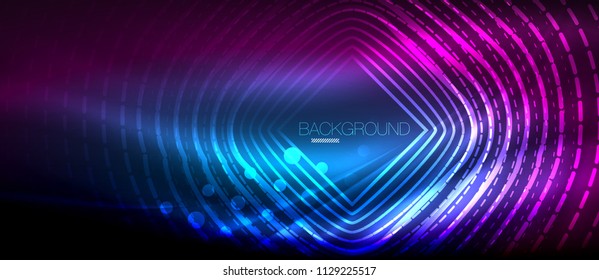Neon glowing wave, magic energy and light motion background. Vector wallpaper template, hi-tech future concept