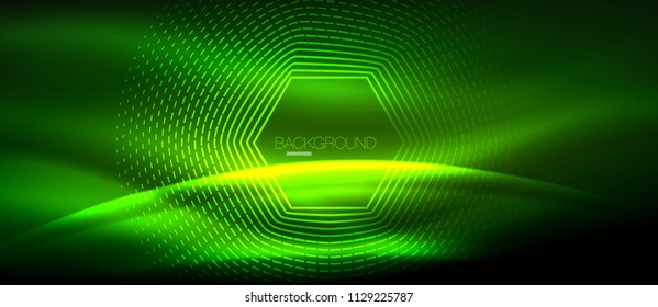 Neon glowing wave, magic energy and light motion background. Vector wallpaper template, hi-tech future concept