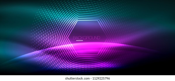Neon glowing wave, magic energy and light motion background. Vector wallpaper template, hi-tech future concept