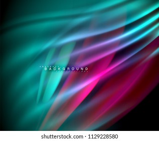 Neon glowing wave, magic energy and light motion background. Vector wallpaper template, illustration