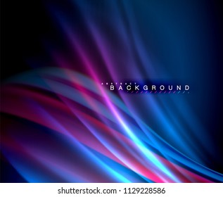 Neon glowing wave, magic energy and light motion background. Vector wallpaper template, illustration