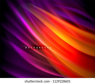 Neon glowing wave, magic energy and light motion background. Vector wallpaper template, illustration