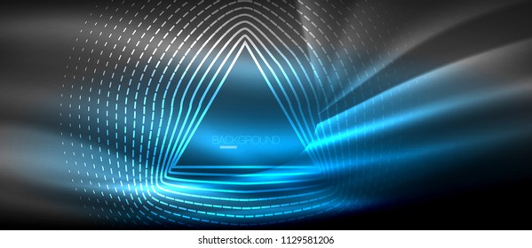 Neon glowing wave, magic energy and light motion background. Vector wallpaper template, hi-tech future concept