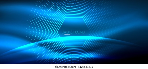 Neon glowing wave, magic energy and light motion background. Vector wallpaper template, hi-tech future concept