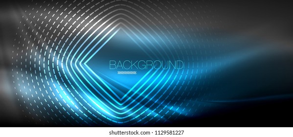 Neon glowing wave, magic energy and light motion background. Vector wallpaper template, hi-tech future concept