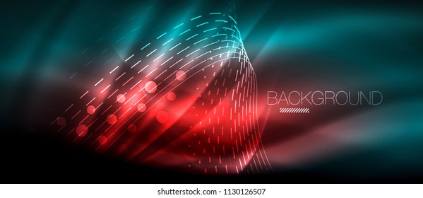 Neon glowing wave, magic energy and light motion background. Vector wallpaper template, hi-tech future concept