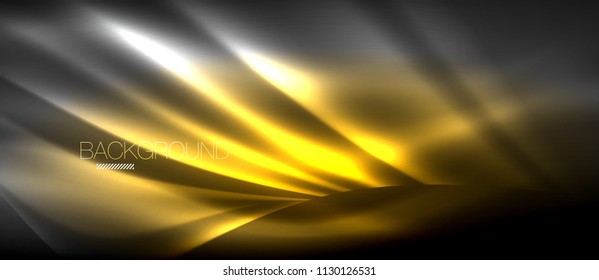Neon glowing wave, magic energy and light motion background. Vector wallpaper template, hi-tech future concept