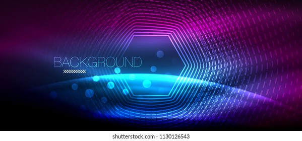 Neon glowing wave, magic energy and light motion background. Vector wallpaper template, hi-tech future concept