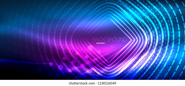 Onda brillante neón, energía mágica y fondo de movimiento de luz. Plantilla de papel tapiz vectorial, concepto de futuro de alta tecnología