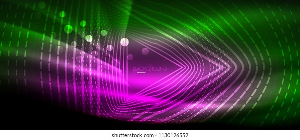 Neon glowing wave, magic energy and light motion background. Vector wallpaper template, hi-tech future concept