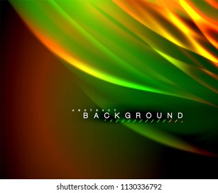 Neon glowing wave, magic energy and light motion background. Vector wallpaper template, illustration