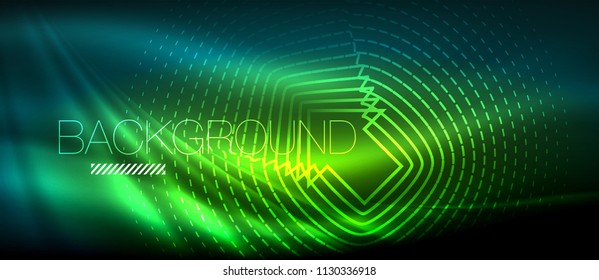 Neon glowing wave, magic energy and light motion background. Vector wallpaper template, hi-tech future concept
