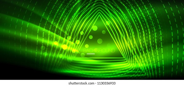 Neon glowing wave, magic energy and light motion background. Vector wallpaper template, hi-tech future concept
