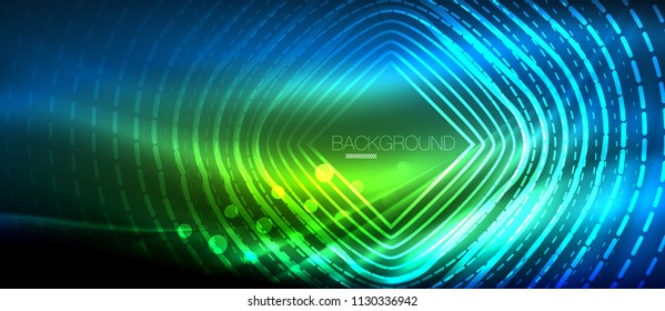 Neon glowing wave, magic energy and light motion background. Vector wallpaper template, hi-tech future concept