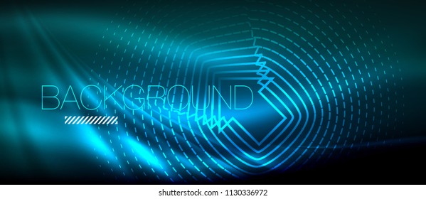 Neon glowing wave, magic energy and light motion background. Vector wallpaper template, hi-tech future concept