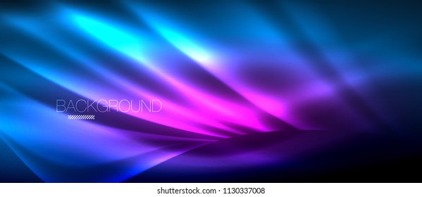 Neon glowing wave, magic energy and light motion background. Vector wallpaper template, hi-tech future concept