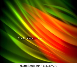 Neon glowing wave, magic energy and light motion background. Vector wallpaper template, illustration
