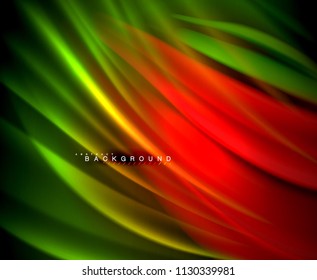 Neon glowing wave, magic energy and light motion background. Vector wallpaper template, illustration