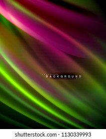 Neon glowing wave, magic energy and light motion background. Vector wallpaper template, illustration