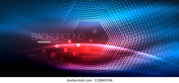 Neon glowing wave, magic energy and light motion background. Vector wallpaper template, hi-tech future concept