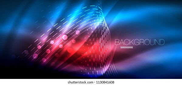 Neon glowing wave, magic energy and light motion background. Vector wallpaper template, hi-tech future concept