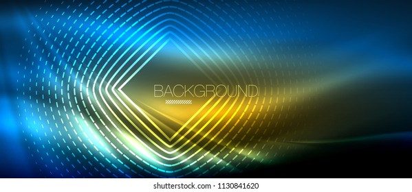 Neon glowing wave, magic energy and light motion background. Vector wallpaper template, hi-tech future concept