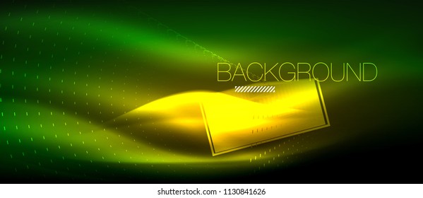 Neon glowing wave, magic energy and light motion background. Vector wallpaper template, hi-tech future concept