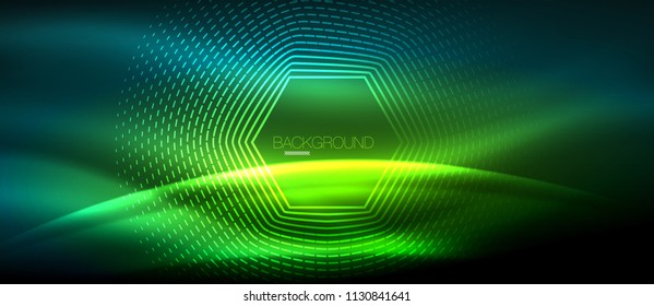 Neon glowing wave, magic energy and light motion background. Vector wallpaper template, hi-tech future concept