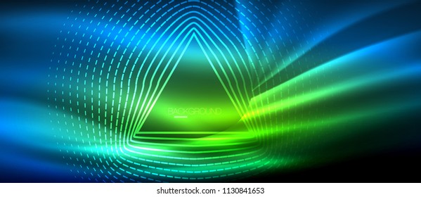 Neon glowing wave, magic energy and light motion background. Vector wallpaper template, hi-tech future concept