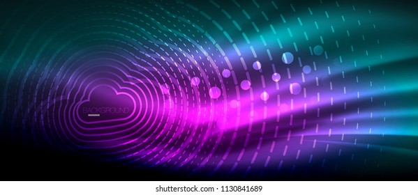 Neon glowing wave, magic energy and light motion background. Vector wallpaper template, hi-tech future concept