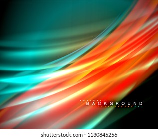 Neon glowing wave, magic energy and light motion background. Vector wallpaper template, illustration
